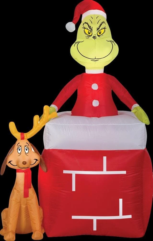 Airblown Grinch Out Of Chimney With Max Medume Inflatable Scene - Dr. Seuss 3 Airblown Grinch Out Of Chimney With Max Medume Inflatable Scene - Dr. Seuss