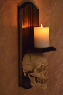 "Classic Skull Wall Sconce Style II W/ Ivory Flameless Candle" Haunted House Lighting -Halloween Costumes Store classic skull wall sconce style ii w ivory flameless candle haunted house lighting 23613261377