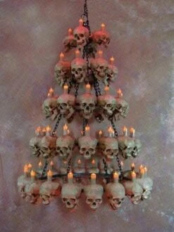 "Five-Tiered Life-Size Skull Chandelier With 60 Skulls" Haunted House Lighting -Halloween Costumes Store five tiered life size skull chandelier with 60 skulls haunted house lighting 23696488385