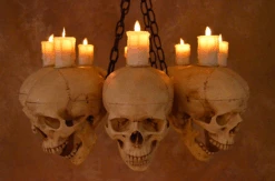 "Skull Chandelier With 8 Skulls And Flameless Candles" Haunted House Lighting -Halloween Costumes Store skull chandelier with 8 skulls and flameless candles haunted house lighting 23696522817